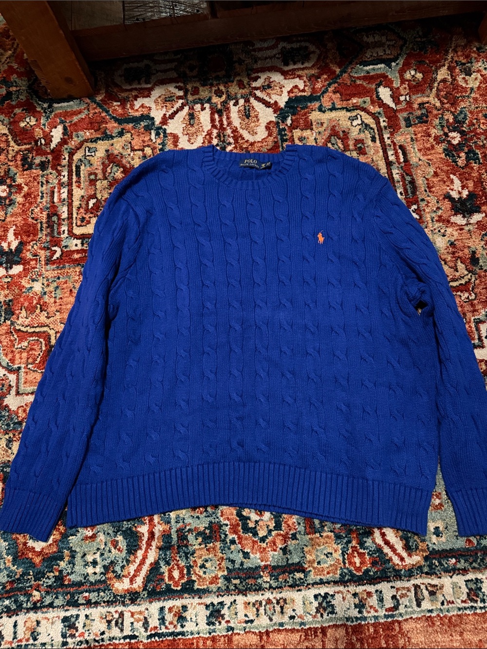 Polo by Ralph Lauren Crewneck Cable Knit Sweater - Blue with Orange Pony